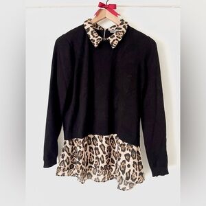 Marled Leopard Print Shirttail Twofer Collared Sweater Blouse Women's Large
